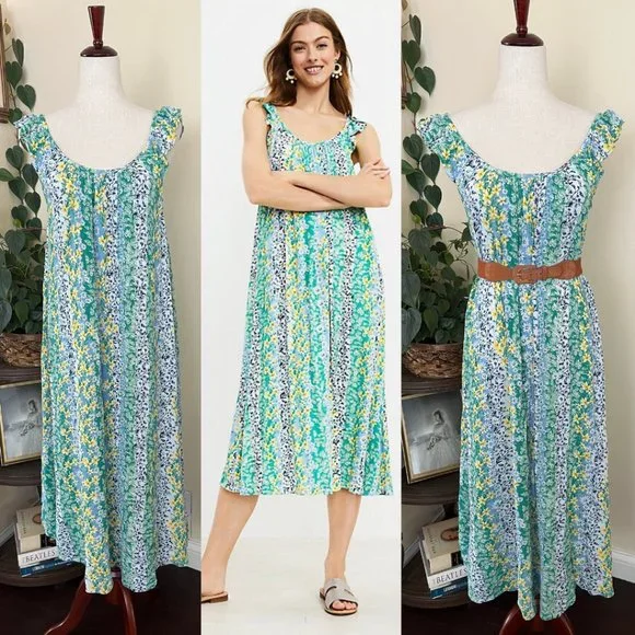 LOFT Dresses Loft Green Floral Ruffle Strap Midi Dress Size S